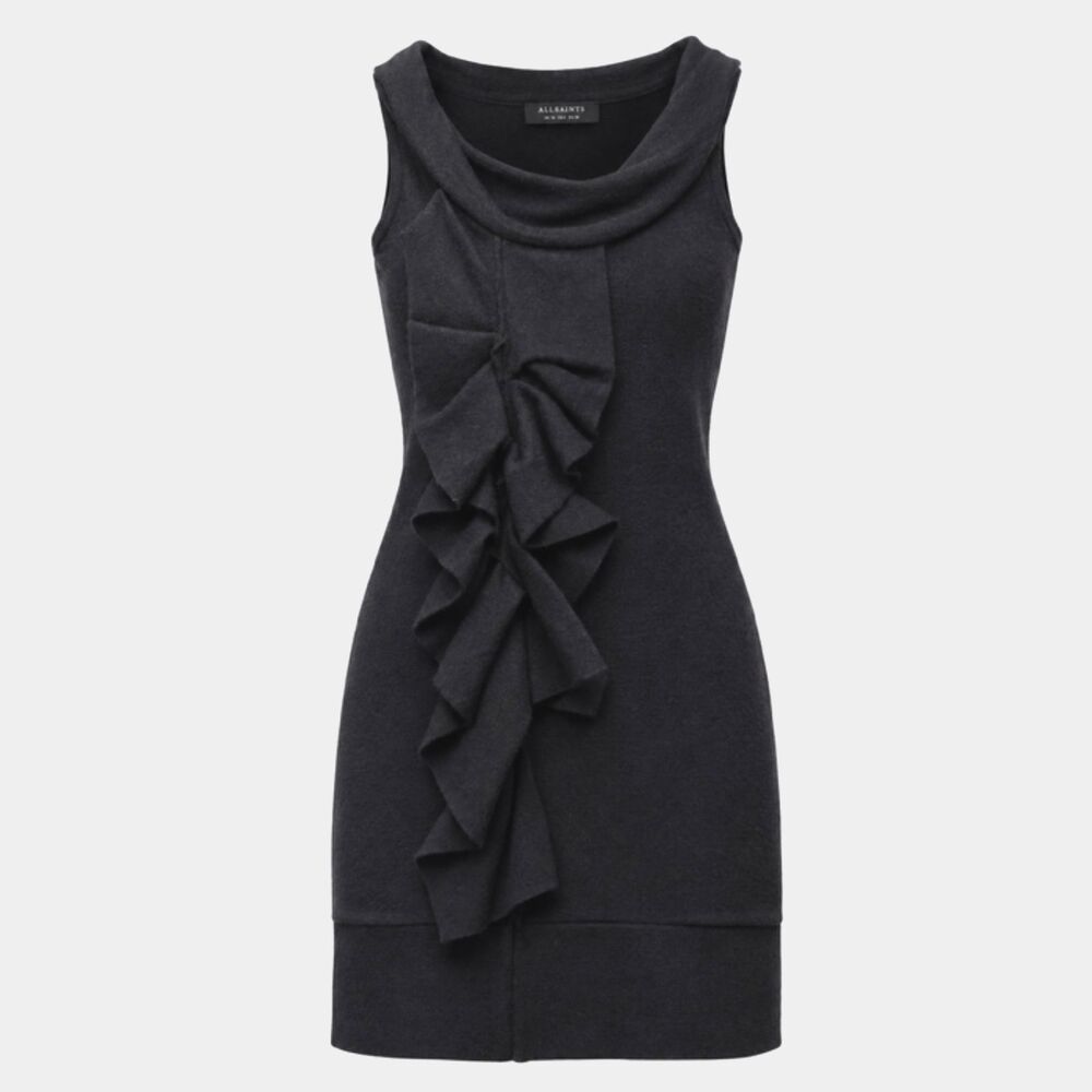 AllSaints Black Wool Peekoa Ruffle Draped Sheath Mini Dress